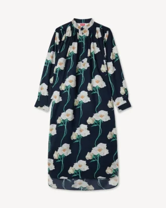 Kenzo Archive Rose’ Oversized Pleated Long Dress in Coton and Slik