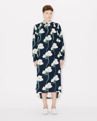 Kenzo Archive Rose’ Oversized Pleated Long Dress in Coton and Slik