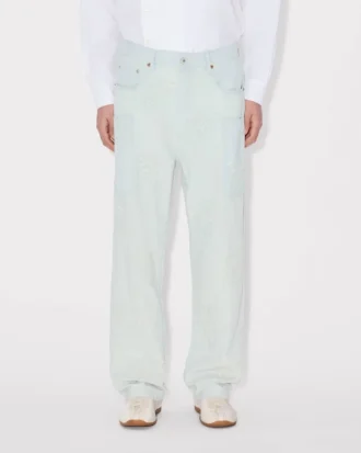 Kenzo Cartoon’ Embroidered Cargo Monkey Fit Jeans in Stone Bleach Chambray