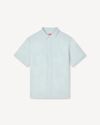 Kenzo Cartoon’ Embroidered Short Sleeve Shirt in Stone Bleach Chambray