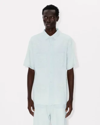 Kenzo Cartoon’ Embroidered Short Sleeve Shirt in Stone Bleach Chambray