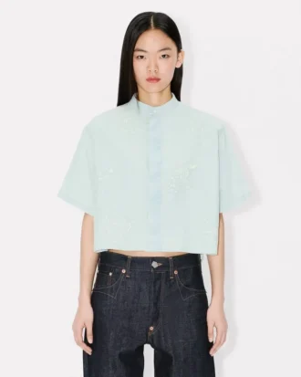 Kenzo Cartoon’ Embroidered Short Sleeve Shirt in Stone Bleach Chambray Kenzo Cartoon’ Embroidered Short Sleeve Shirt in Stone Bleach Chambray