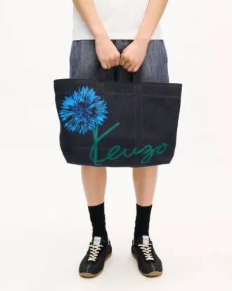 Kenzo Tulip’ Large Tote Bag in Denim-Like Twill