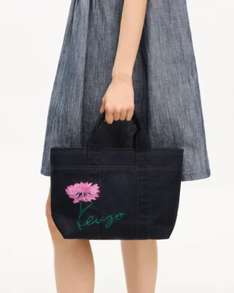 Kenzo Tulip’ Small Tote Bag in Denim-Like Twill