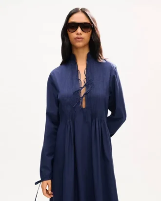 Long Sleeve Midi Dress in Light Cotton Poplin