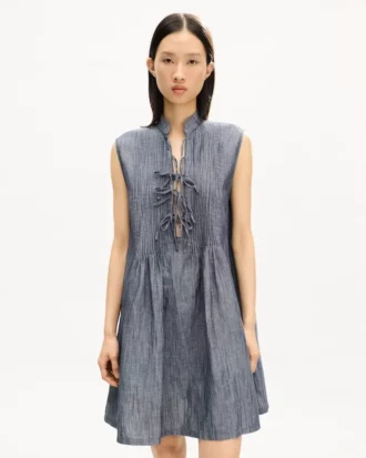 Short Dress in Washed Mixed Linen Denim