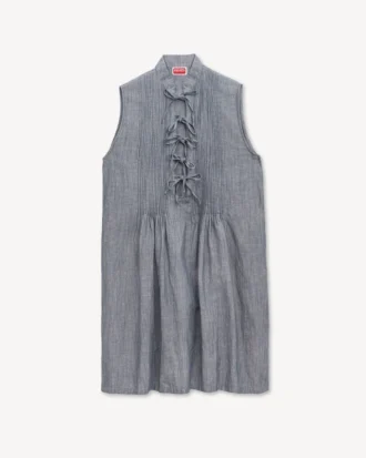 Short Dress in Washed Mixed Linen Denim